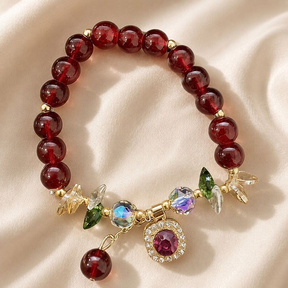 Red Beaded Stretch Charm Bracelet w/ Gold Tone Accents & Crystal Dangle